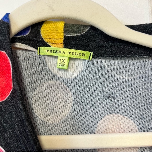 Trisha Tyler one X polkadot cardigan black colorful print asymmetrical knit - Picture 3 of 6